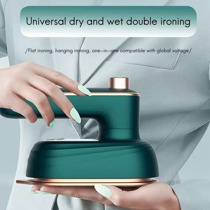 Portable handheld steam iron, compact for travel, easily removes wrinkles from clothes