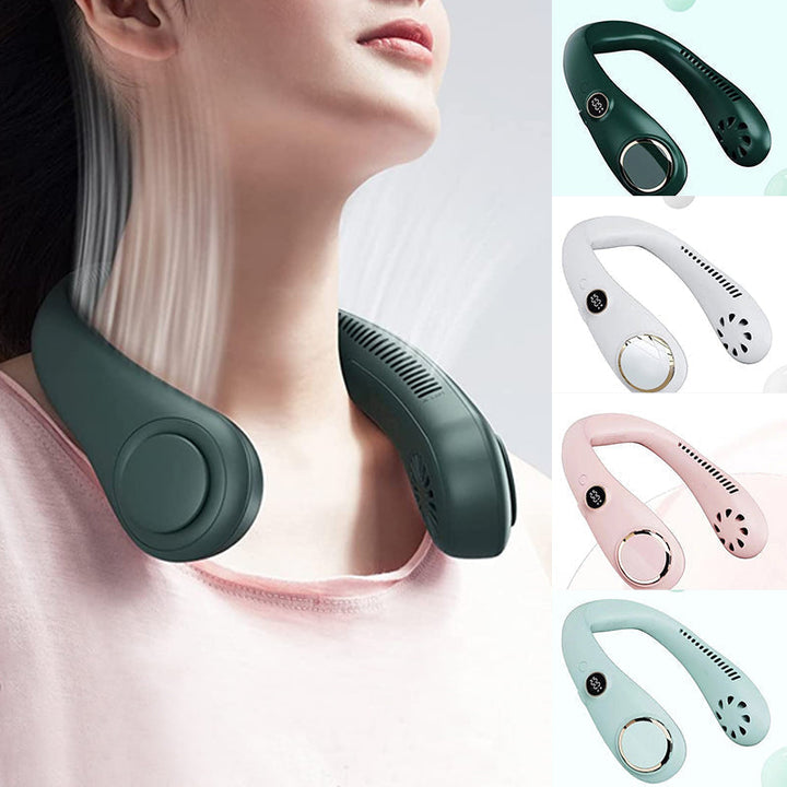 Portable hands-free neck fan in use, cooling a person outdoors on a hot day.
