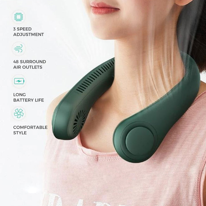 Close-up of the bladeless technology on the neck fan, emphasizing safety.