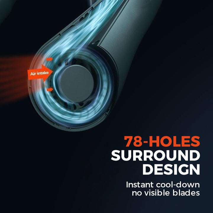 Ergonomic design of the neckband fan, demonstrating flexibility and comfort.