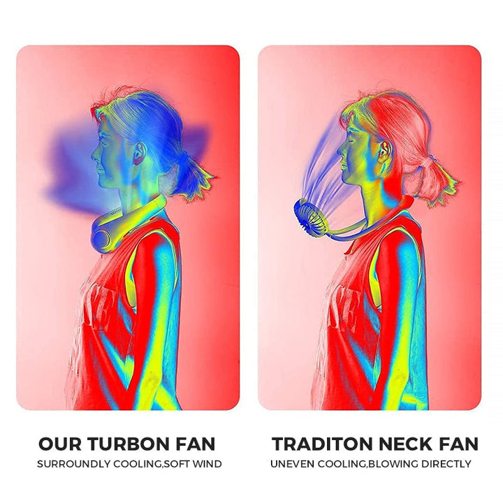 USB charging port visible on the portable neck fan, highlighting rechargeable feature.