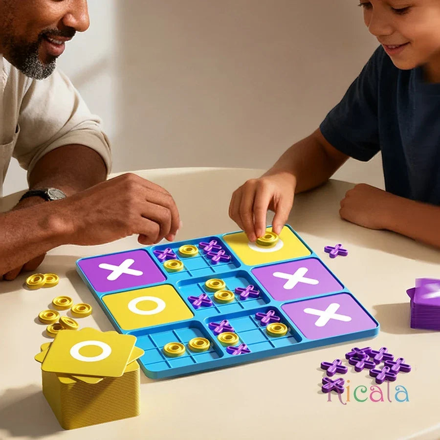 Two kids joyfully playing the PlayMino portable strategy board game, an educational family activity.