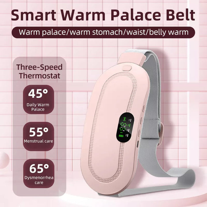 Portable menstrual heating pad with massage for cramp relief, pink, shown in use on abdomen