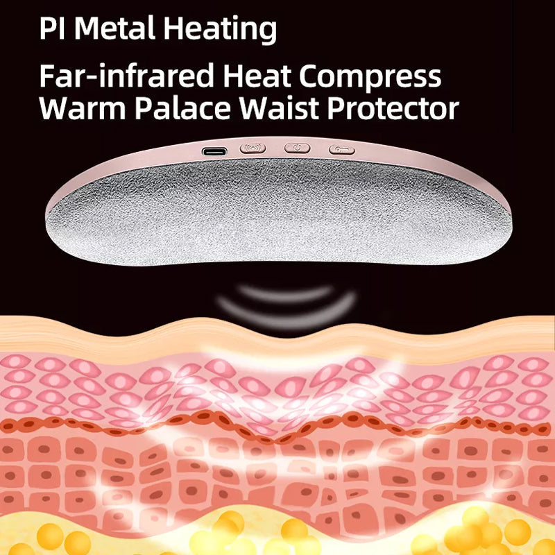 Close-up of portable heating pad for cramps, showing control buttons and soft fabric
