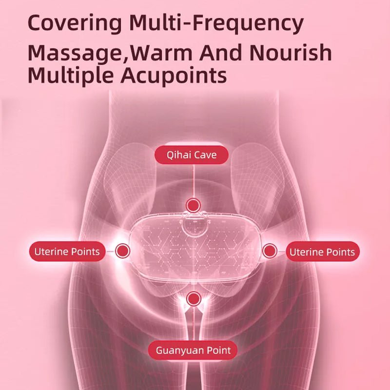 Woman smiling, holding a portable menstrual relief heating pad against her lower abdomen