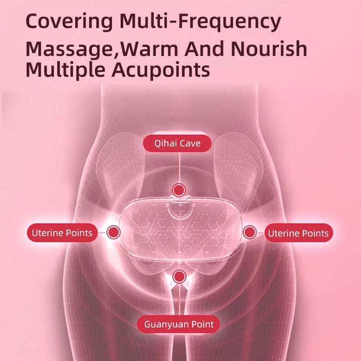 Woman smiling, holding a portable menstrual relief heating pad against her lower abdomen