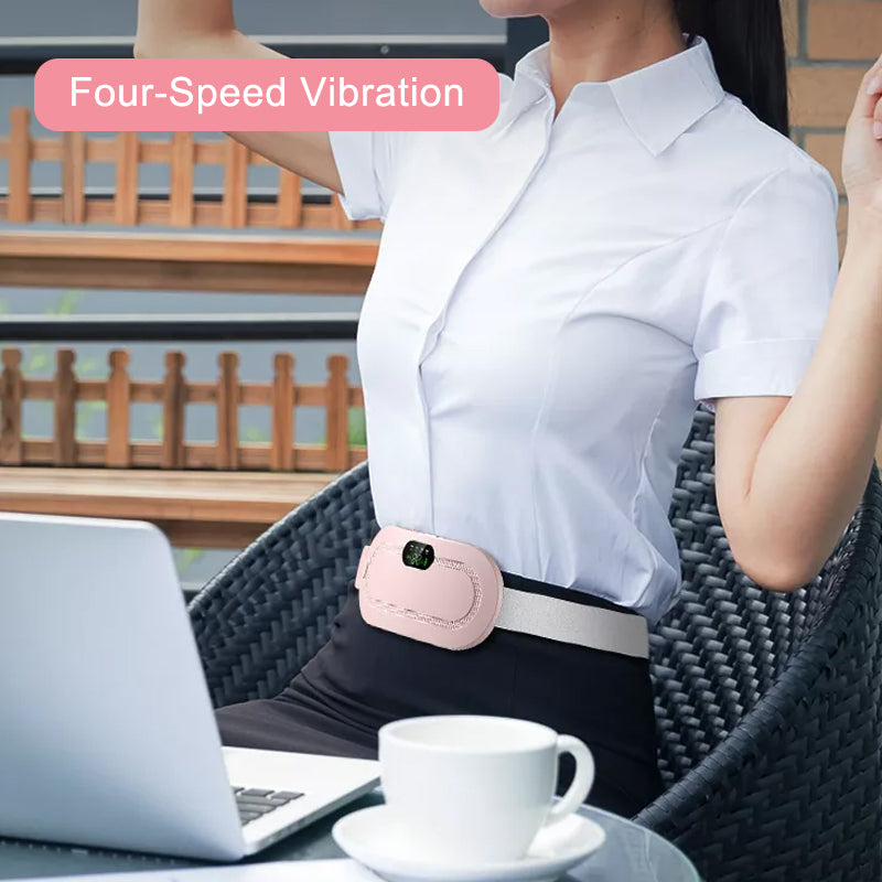 Illustration of portable heating pad's heat therapy and massage benefits for menstrual cramps