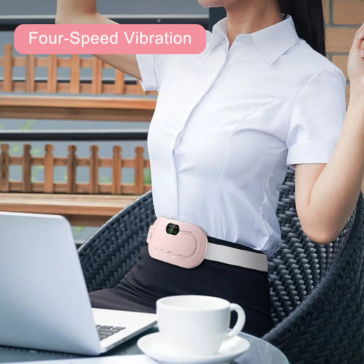 Illustration of portable heating pad's heat therapy and massage benefits for menstrual cramps
