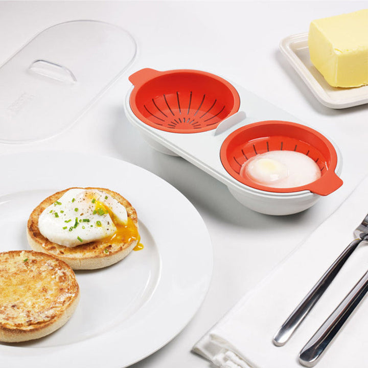 Microwave egg cooker showing two perfectly cooked eggs, ideal for on-the-go breakfast