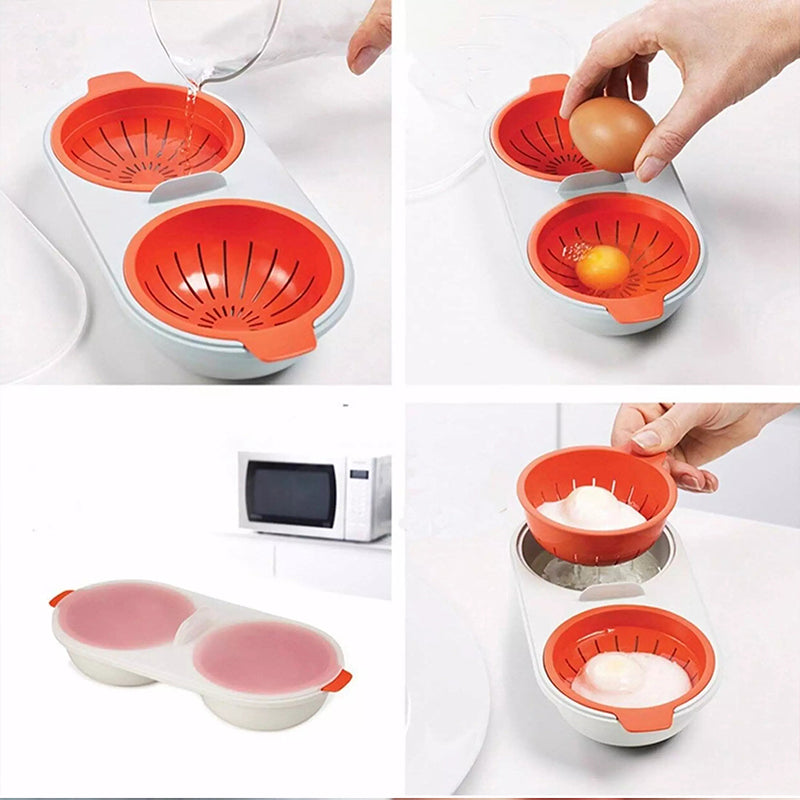 Close-up of an open microwave egg cooker, ready for two eggs, convenient cooking tool