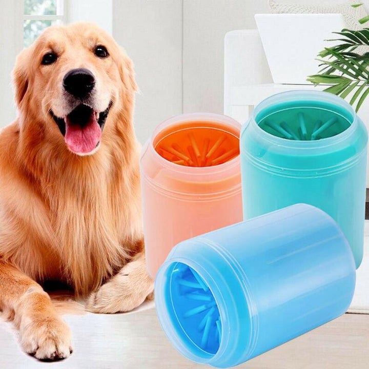 Portable pet dog paw cleaner cup with soft silicone brushes for effective dog grooming.