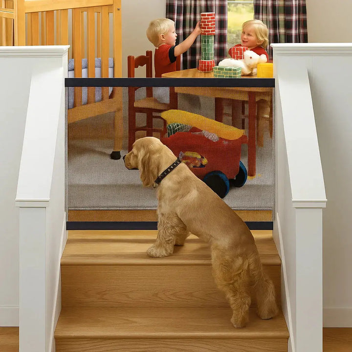 Portable pet safety gate, flexible barrier for dogs & cats. Easy to install in doorways, securing your pets.
