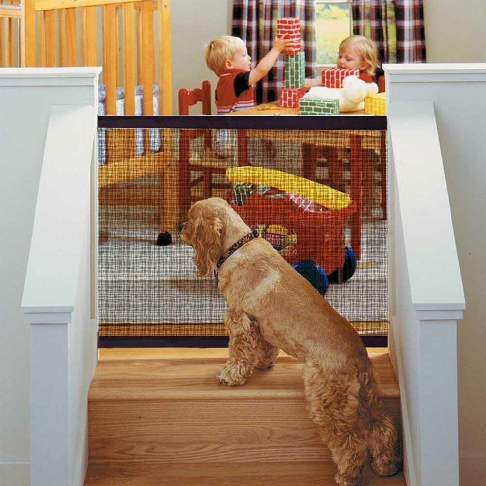 Home safety pet gate, white, expandable, perfect for containing pets like dogs and cats indoors.