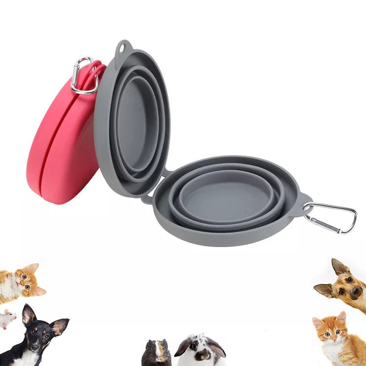 Close-up of portable blue silicone pet travel bowl, showing flexible material and sturdy rim