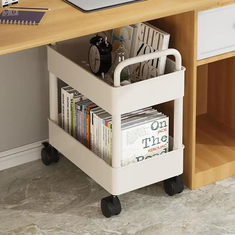 Portable rolling bookshelf cart, 2 tiers with pen holder. Ideal for books, study, home office & small spaces.