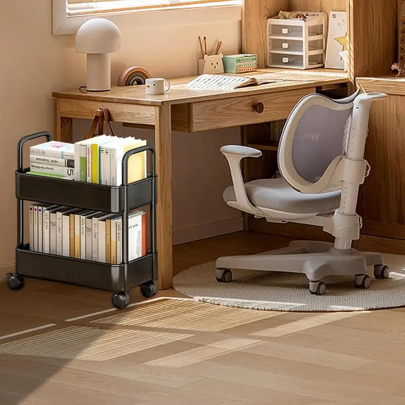 Movable utility cart: 2-tier rolling bookshelf with pen holder. Versatile for bedroom, study, or home office storage.