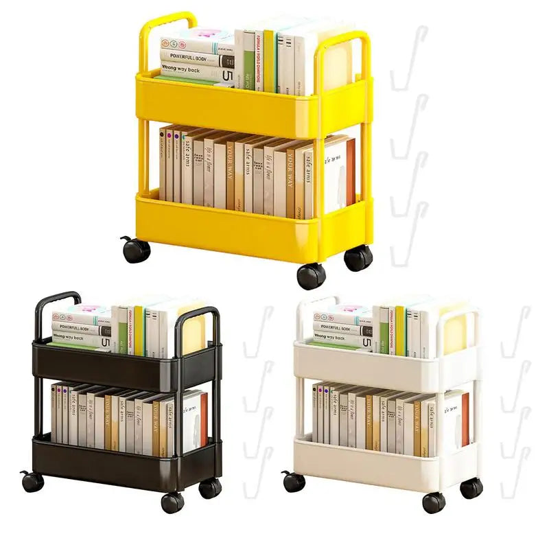 Compact 2-tier rolling bookshelf cart with pen holder. Portable storage solution for books & office supplies.