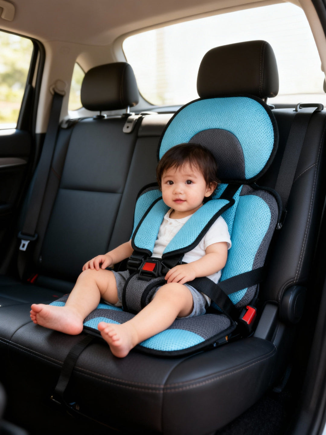 Foldable children's travel seat, a compact booster with robust safety harness for security.
