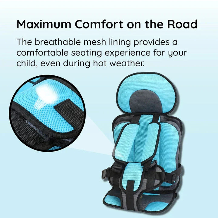 Compact children's travel car seat with adjustable safety harness for easy installation.