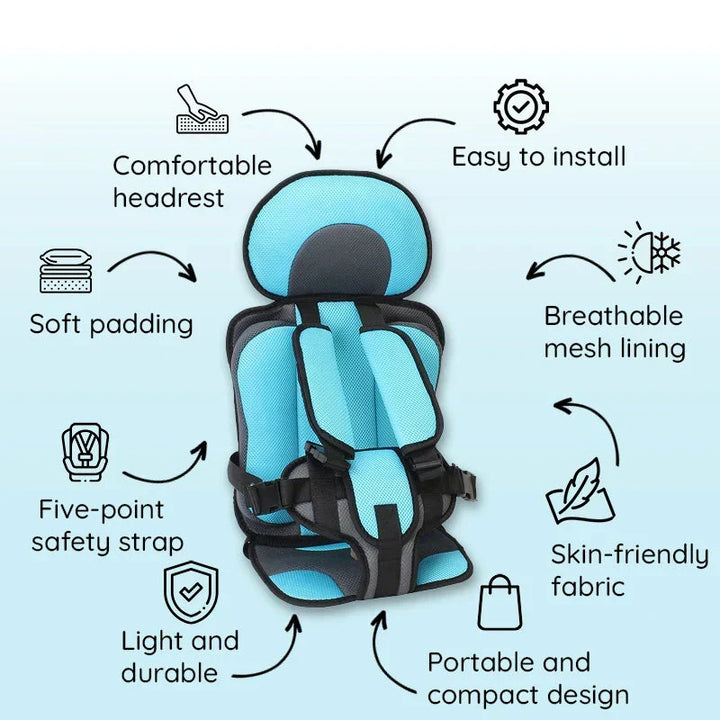 Foldable travel car seat for toddlers, with strong safety harness for peace of mind.