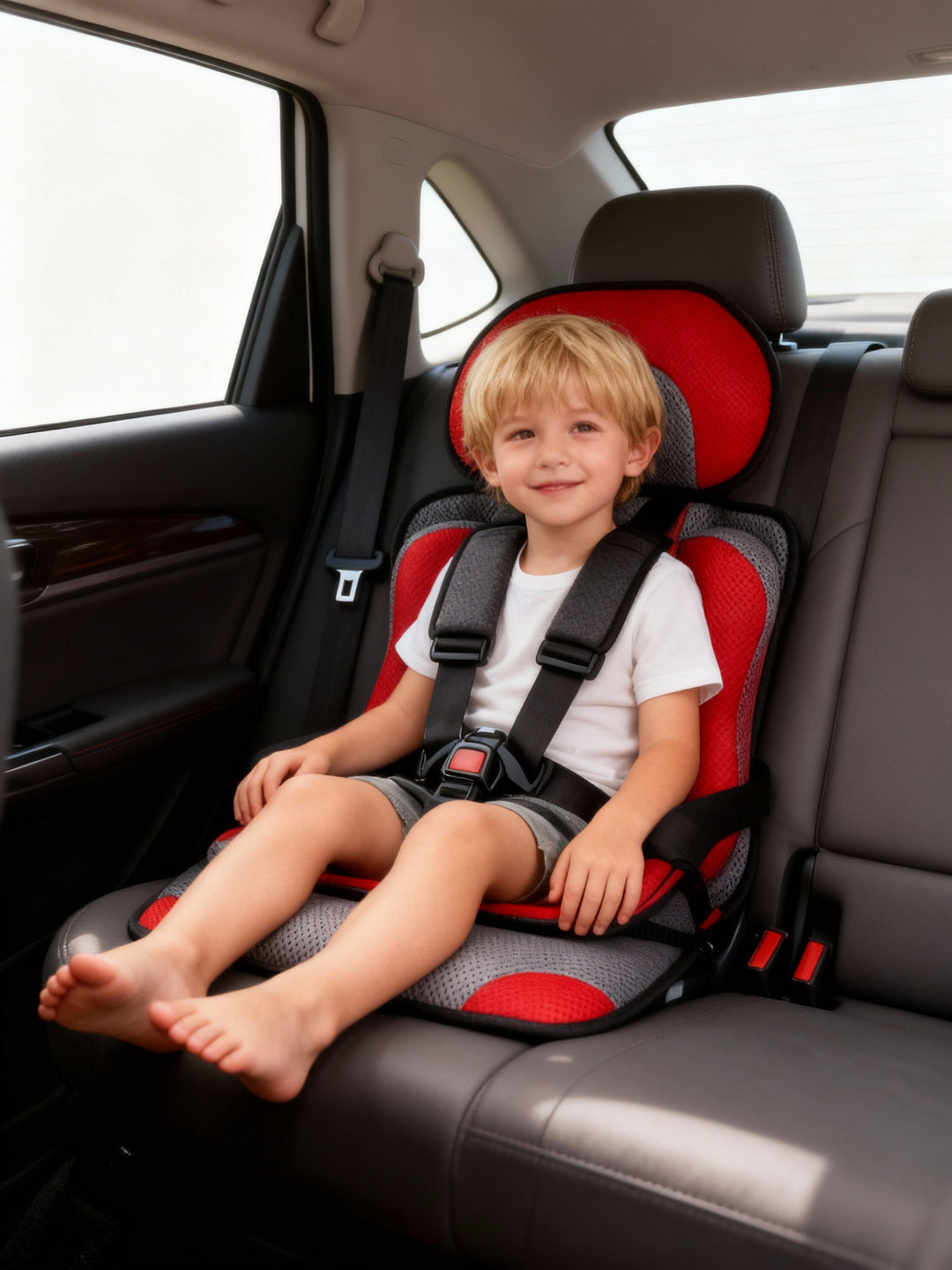 Travel-friendly toddler booster seat, foldable design & secure safety harness for cars.