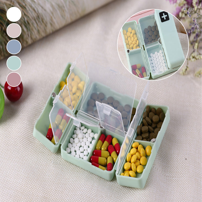 Portable travel pill organizer with 7 compartments, perfect for daily medication storage on the go