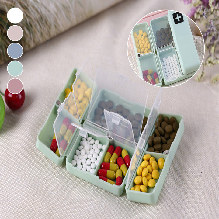 Portable travel pill organizer with 7 compartments, perfect for daily medication storage on the go
