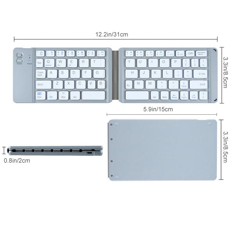 Foldable wireless keyboard powered, with LED indicator lights on, ready for use with tablets