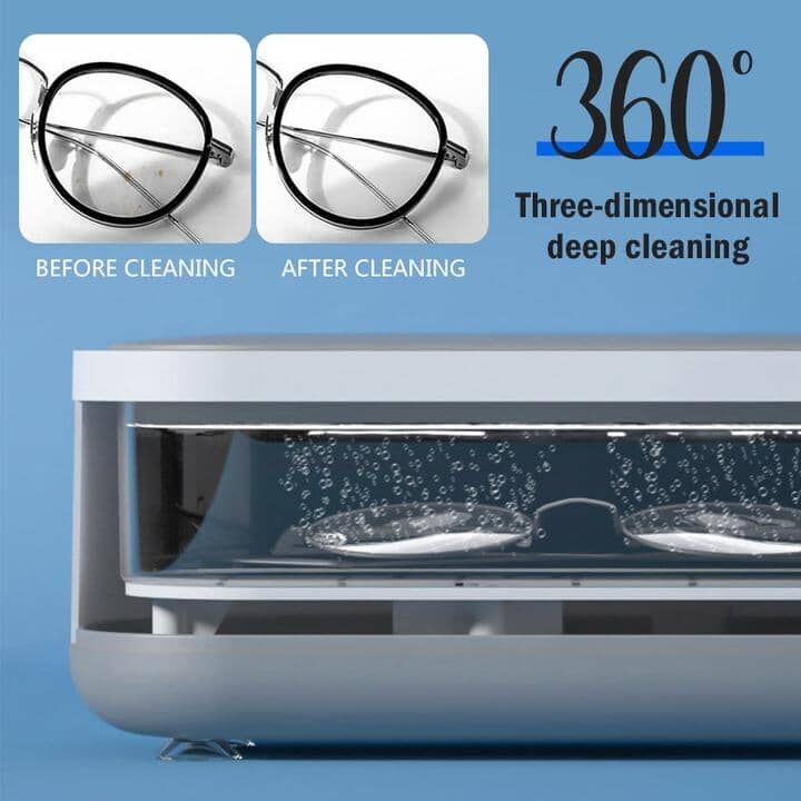 White portable ultrasonic cleaner with clear lid, ideal for jewelry, eyeglasses, and watches