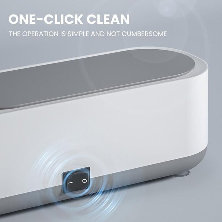 User cleaning eyeglasses in a portable ultrasonic cleaner, clear and hygienic results