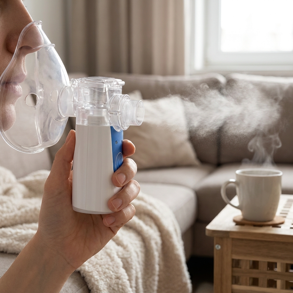 Portable ultrasonic nebulizer for respiratory relief from asthma, coughs, and colds. Quiet operation, compact health device.