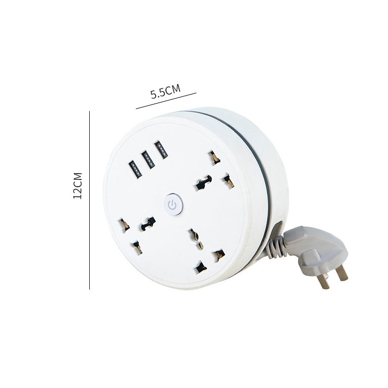 Universal power strip with flexible retractable cord, multiple outlets, and efficient USB charging capabilities.