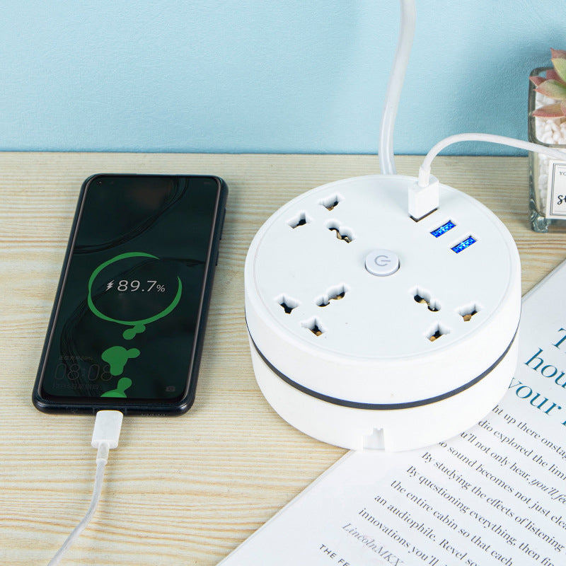 Universal power strip with multiple outlets and integrated USB charger for global electronics accessory use.