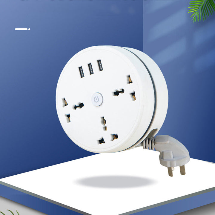 Travel adapter power strip with USB ports and surge protector, ensuring safe charging for all devices.