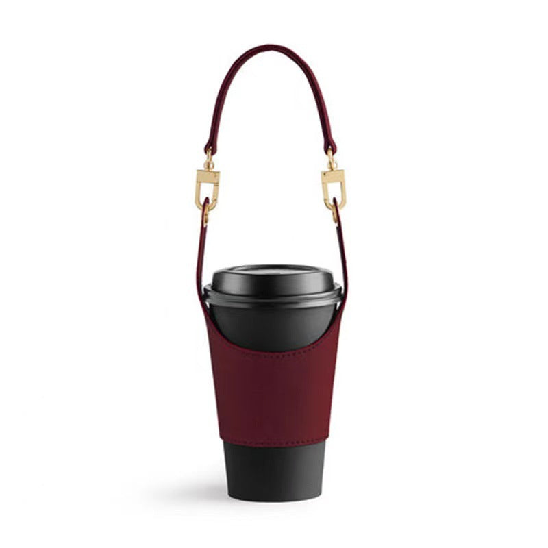 Close-up of the vegan leather material on a portable cupholder, emphasizing its eco-friendly nature
