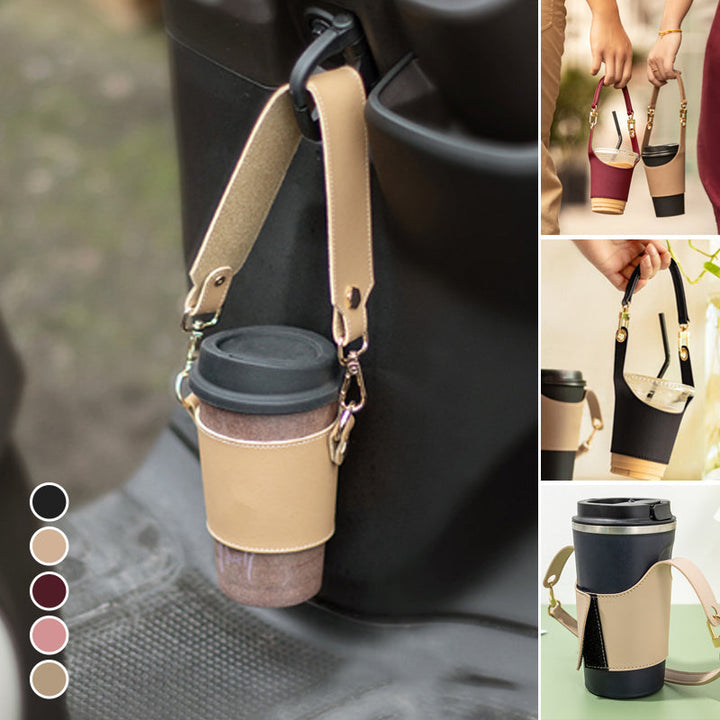 Close-up of a portable vegan leather cup holder, showcasing its durable stitching and sleek design