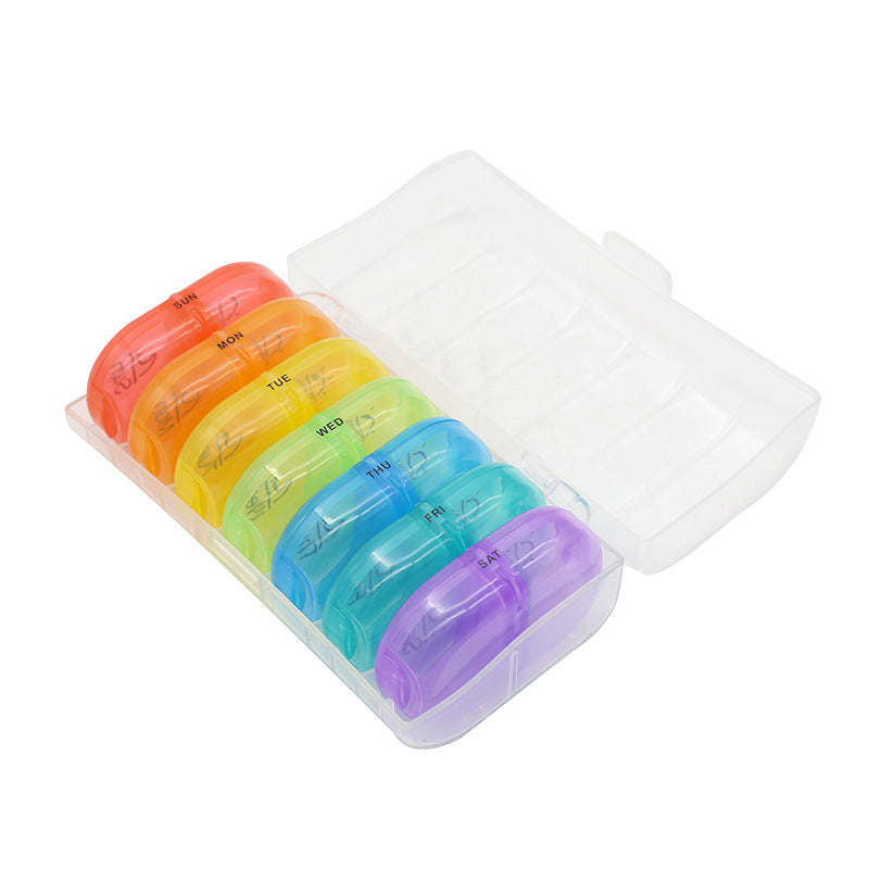 Daily compartment pill organizer for weekly medication management, a practical health aid.