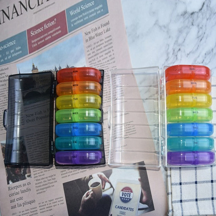 Portable health care accessory: a weekly pill box designed for travel and home use.