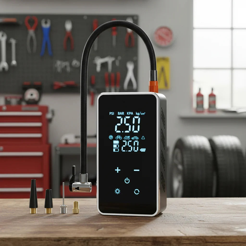 Portable wireless air pump with 150psi touchscreen for car & bike tire inflation. Compact digital inflator.