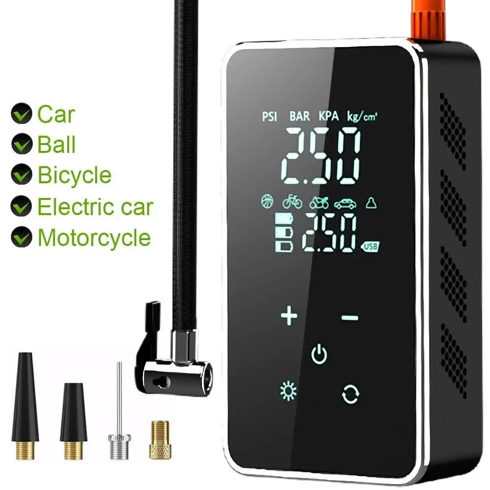 Modern portable air pump for tires. 150psi wireless digital inflator with a responsive touchscreen for bikes & cars.