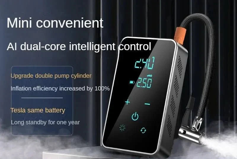 Compact portable air pump with touchscreen display. Wireless tire inflator for emergency road use.