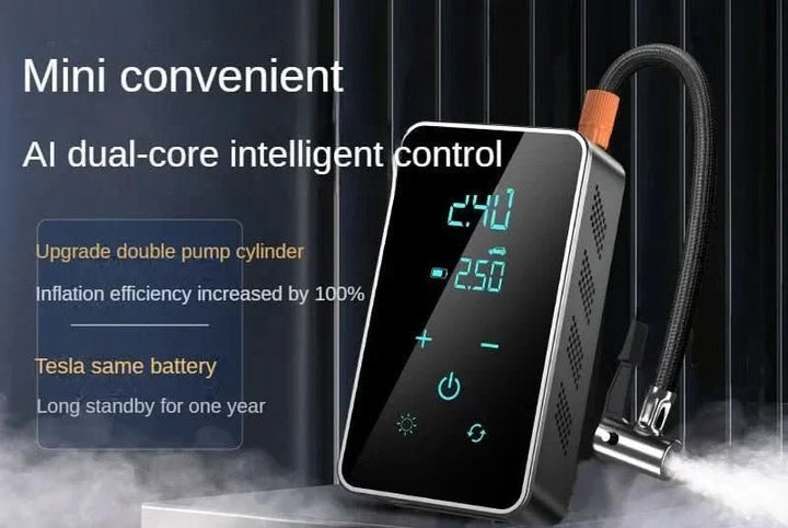Compact portable air pump with touchscreen display. Wireless tire inflator for emergency road use.