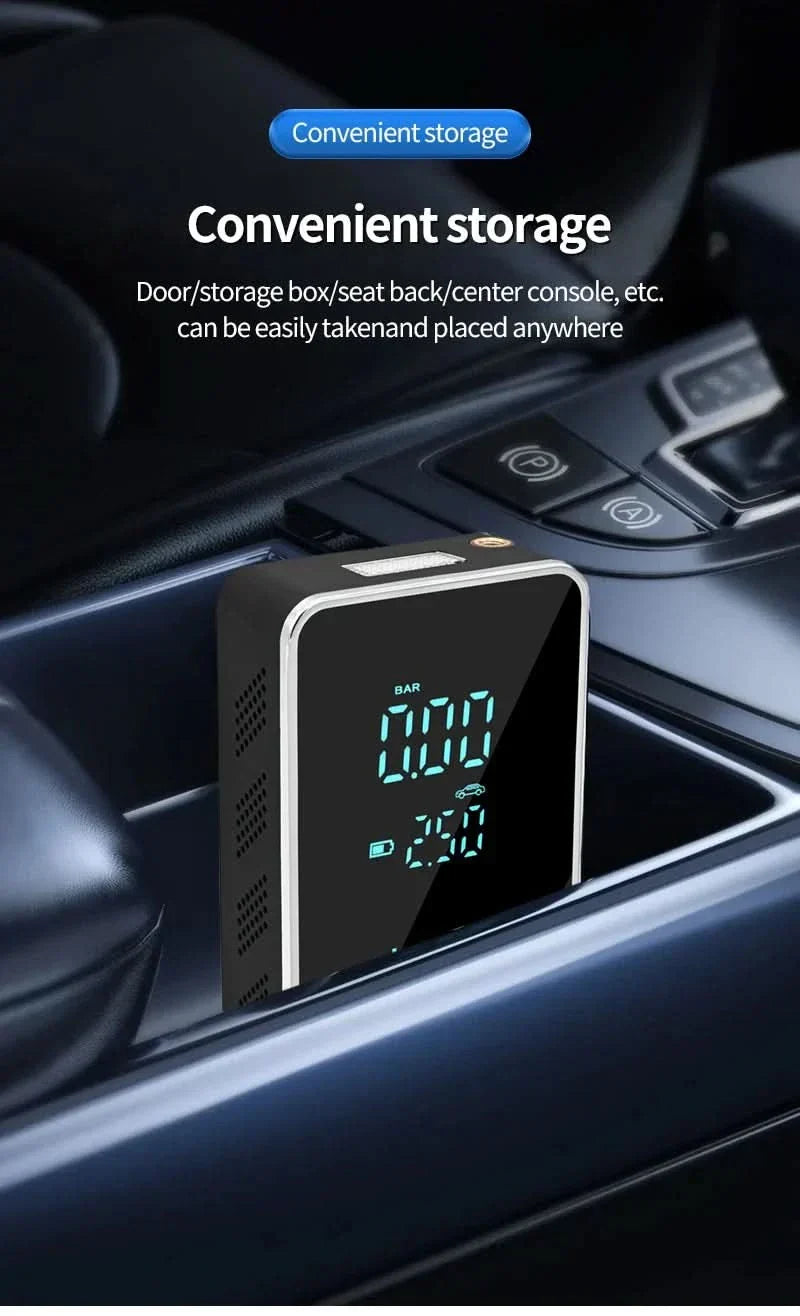 Sleek portable wireless air pump, 150psi digital display. Fast tire inflation for cars, bikes, & motorcycles.