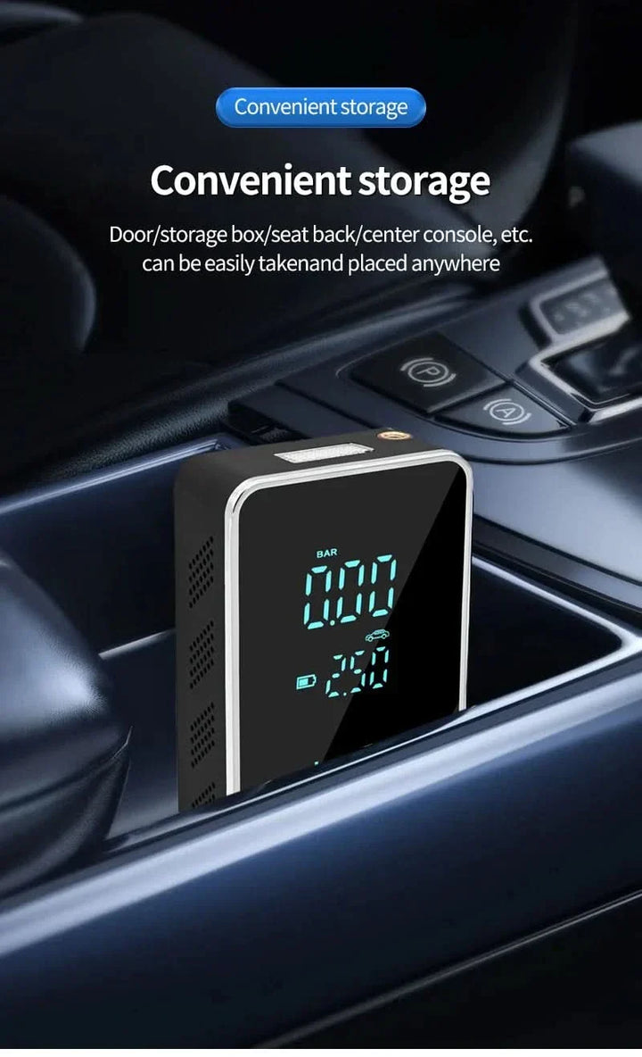 Sleek portable wireless air pump, 150psi digital display. Fast tire inflation for cars, bikes, & motorcycles.