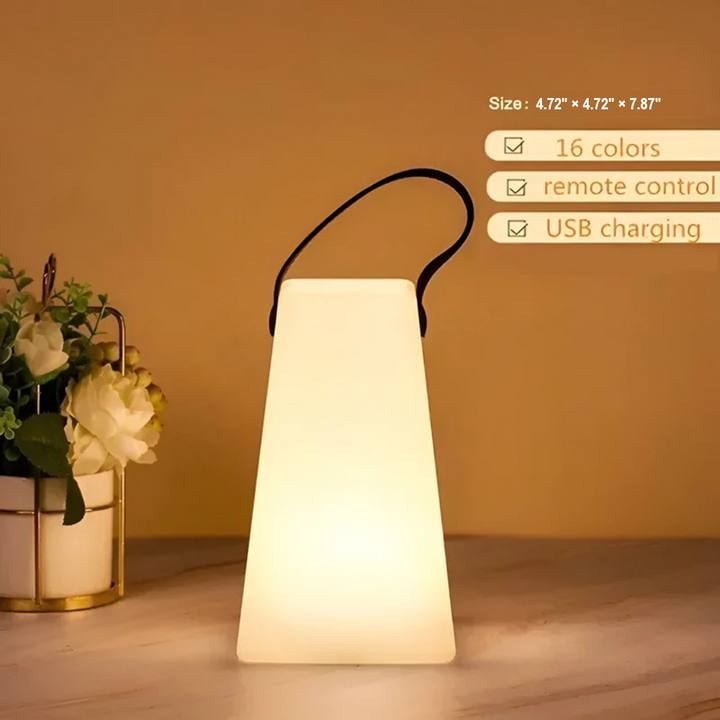 Stylish wireless LED lamp, waterproof, perfect as an indoor or outdoor rechargeable table light.