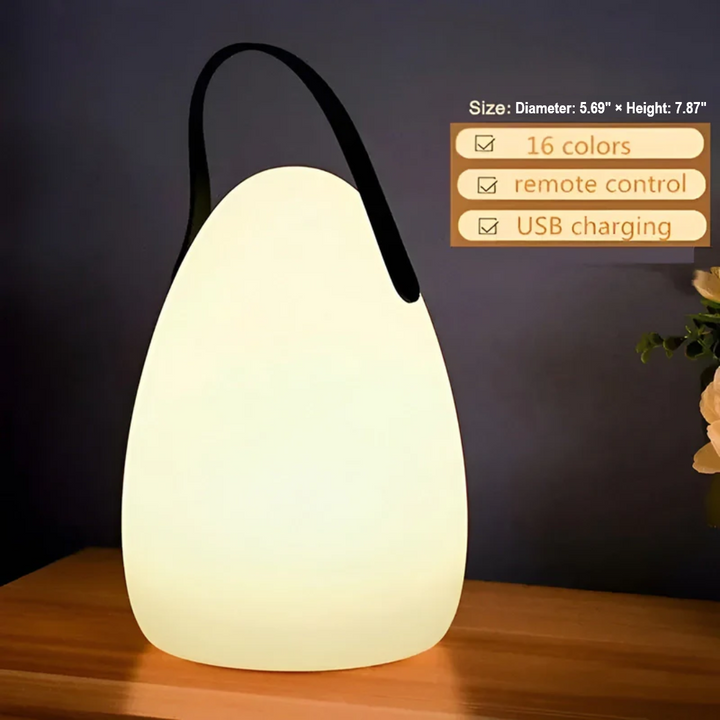 Color-changing wireless LED table lamp, rechargeable, waterproof, great for any modern space.
