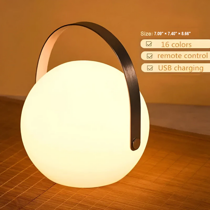 Modern portable LED table lamp, waterproof, for outdoor/indoor ambiance, wireless design.