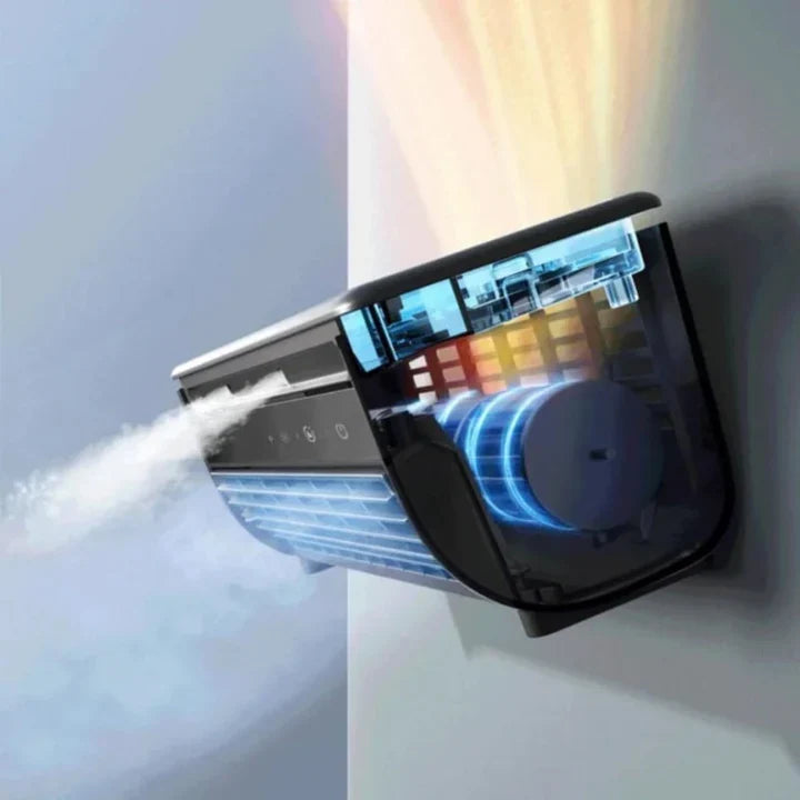 Compact bladeless personal air conditioner, eco-friendly cooling, rechargeable and perfect for any room.