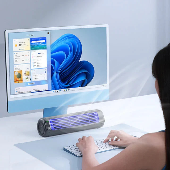 Mini wireless personal AC, rechargeable cooling for office desk or bedroom nightstand. Quiet and efficient.
