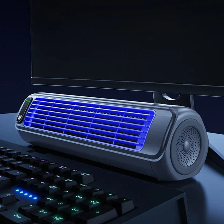 Portable personal cooling fan, rechargeable wireless mini AC for a comfortable desk or bedroom environment.